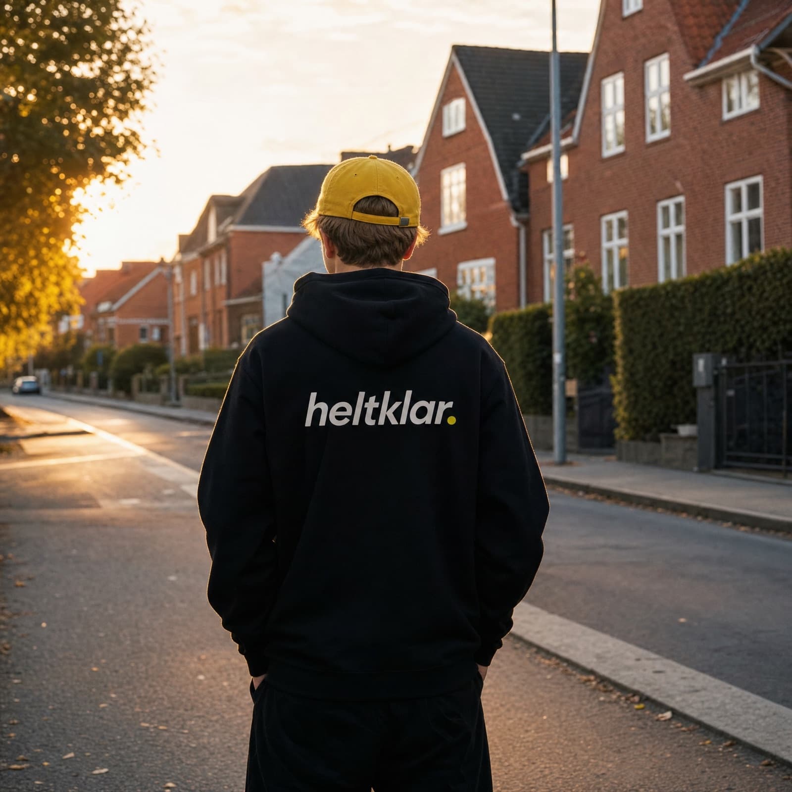 En ung med heltklar-hættetrøje og gul kasket står på en villavej i aftensol — på sin egen rute i kvarteret.