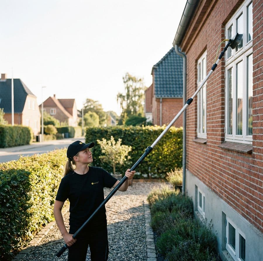 Ung medarbejder pudser vinduer med teleskopstang fra jorden